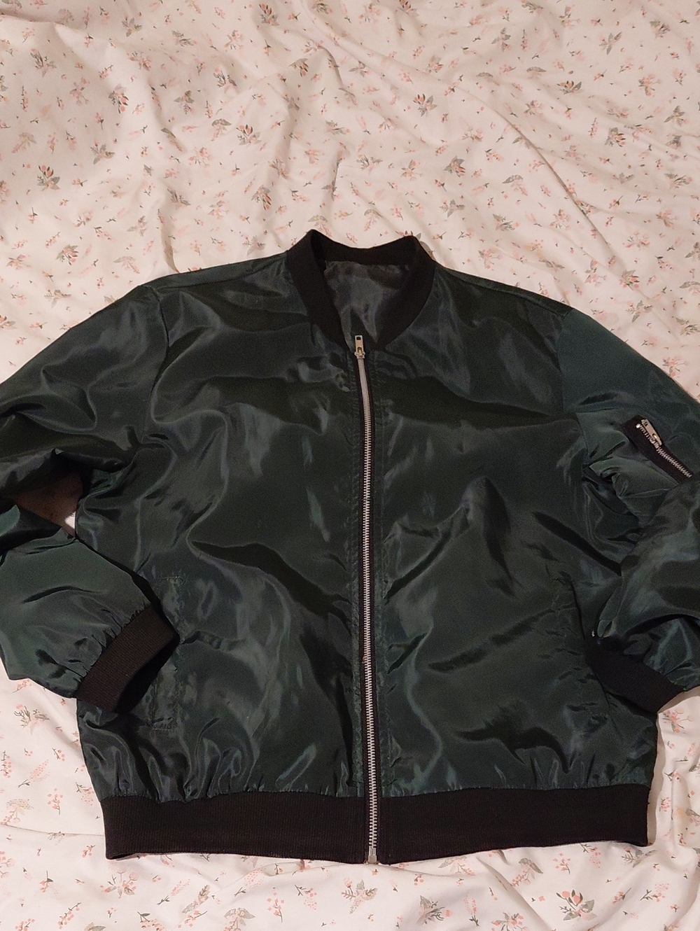 Women's Dark Green Bomber Jacket with Ribbed Trim